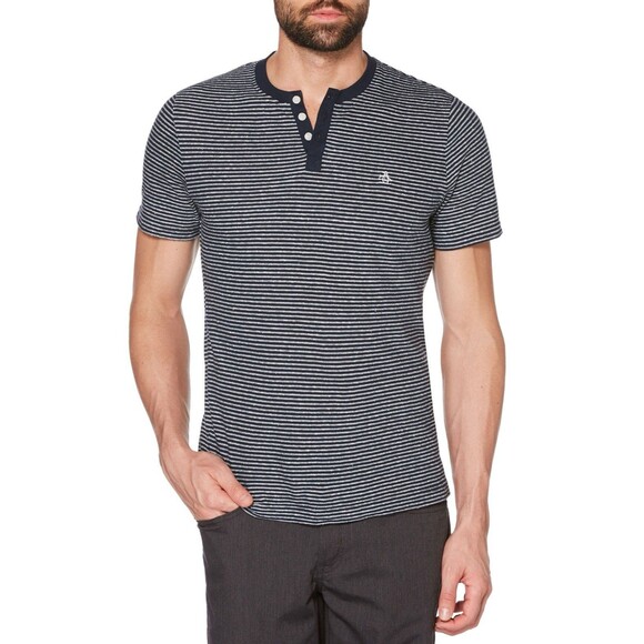 PENGUIN Navy Blue White Striped Henley Shirt XXL Short Sleeve Preppy Mens - Picture 1 of 12